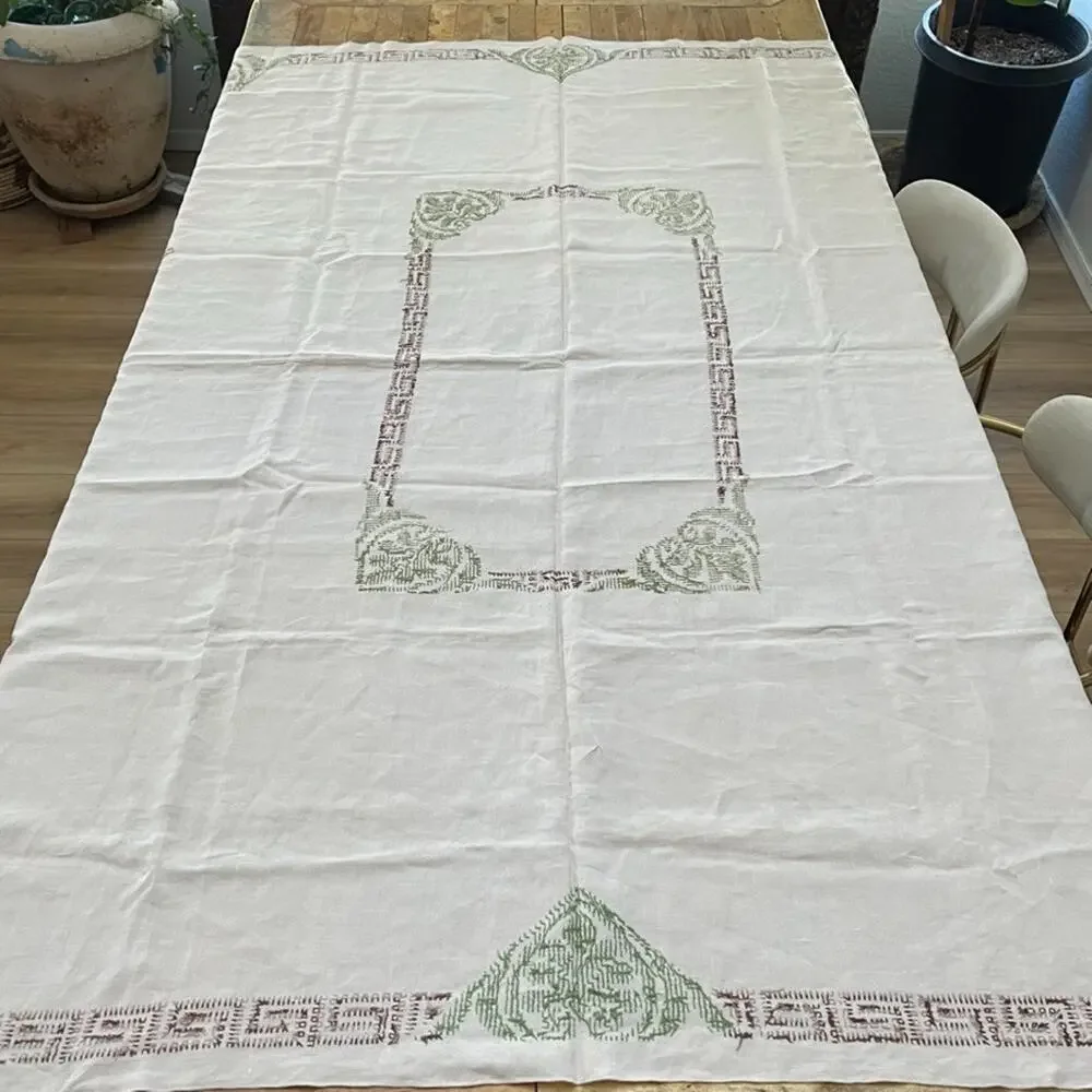 Vintage Beige Linen Tablecloth 73 x 56 Cross-stitch Embroidery Greek Key Border